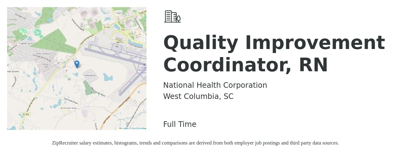 National Health Corporation job posting for a Quality Improvement Coordinator, RN in West Columbia, SC with a salary of $20 to $31 Hourly with a map of West Columbia location.