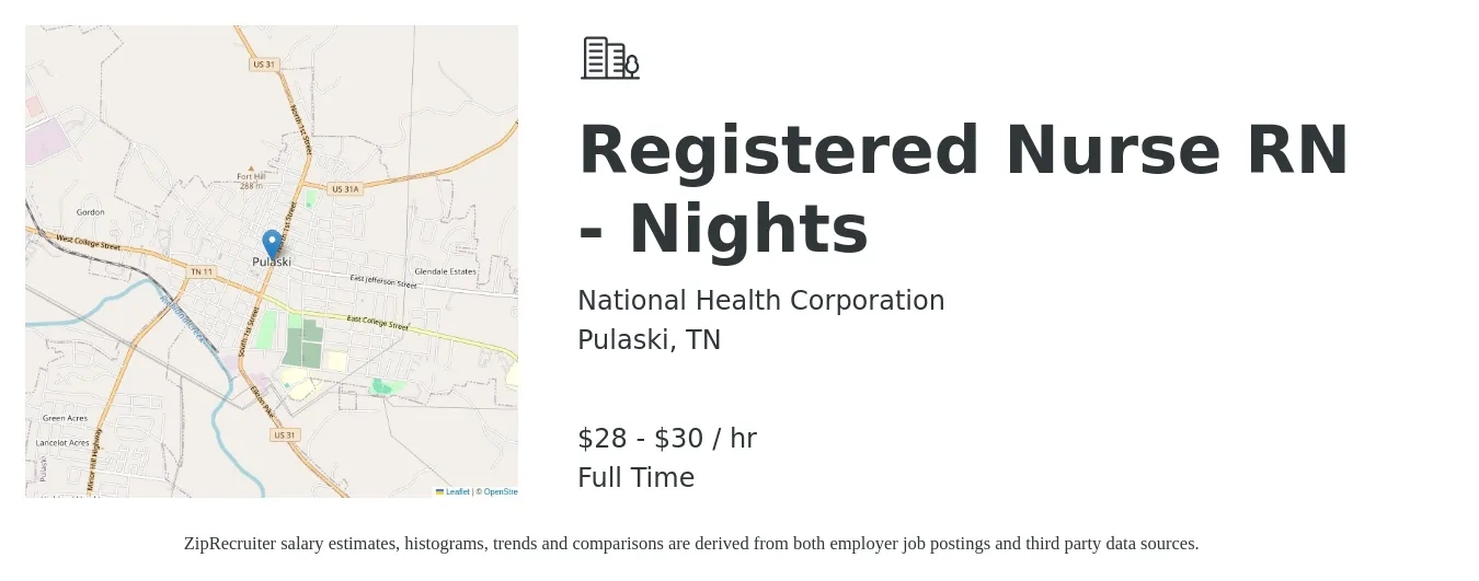 National Health Corporation job posting for a Registered Nurse RN - Nights in Pulaski, TN with a salary of $30 to $32 Hourly with a map of Pulaski location.