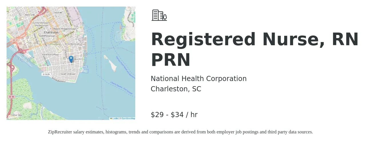 National Health Corporation job posting for a Registered Nurse, RN PRN in Charleston, SC with a salary of $31 to $36 Hourly with a map of Charleston location.