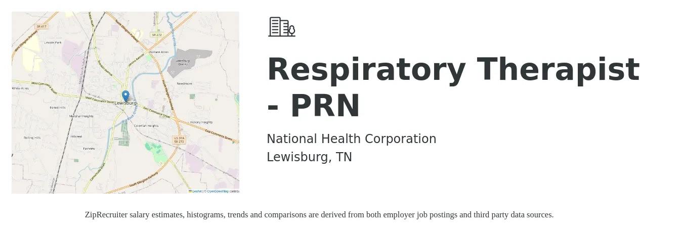 National Health Corporation job posting for a Respiratory Therapist - PRN in Lewisburg, TN with a salary of $29 to $51 Hourly with a map of Lewisburg location.