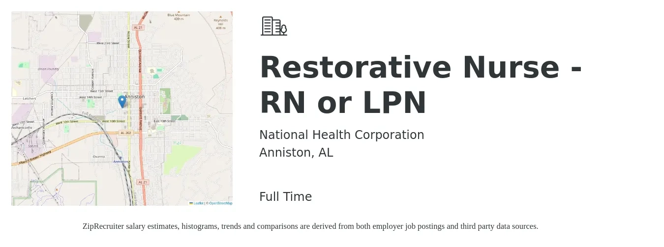 National Health Corporation job posting for a Restorative Nurse - RN or LPN in Anniston, AL with a salary of $64,500 to $89,700 Yearly with a map of Anniston location.