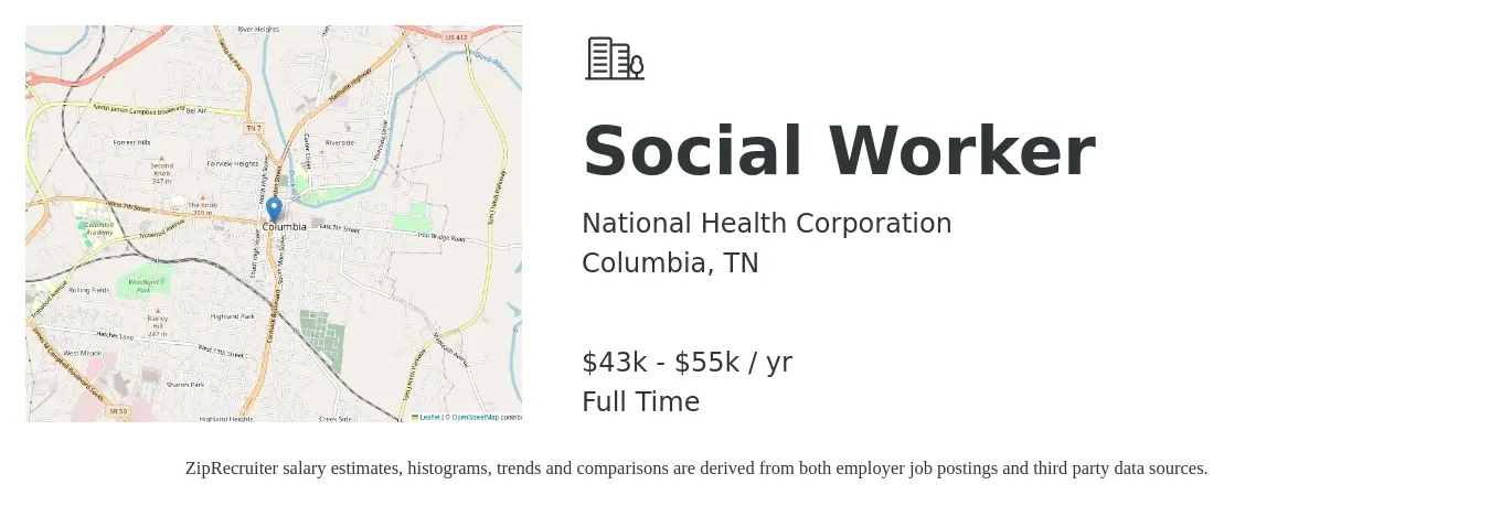 National Health Corporation job posting for a Social Worker in Columbia, TN with a salary of $43,000 to $55,000 Yearly with a map of Columbia location.