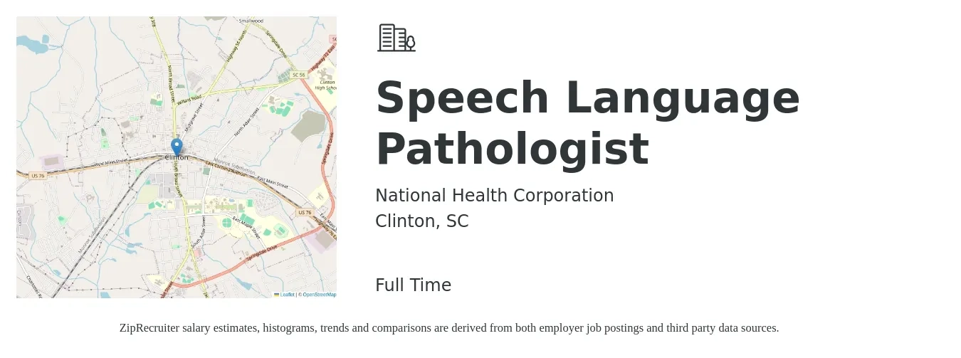 National Health Corporation job posting for a Speech Language Pathologist in Clinton, SC with a salary of $36 to $51 Hourly with a map of Clinton location.