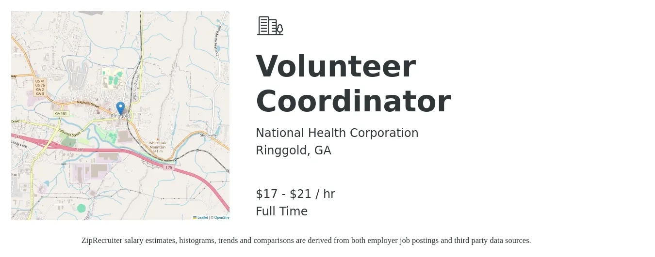 National Health Corporation job posting for a Volunteer Coordinator in Ringgold, GA with a salary of $18 to $22 Hourly with a map of Ringgold location.