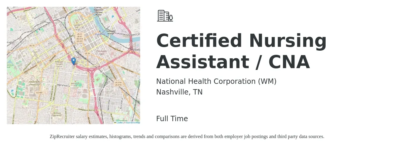 National Health Corporation job posting for a Certified Nursing Assistant / CNA in Nashville, TN with a salary of $16 to $23 Hourly with a map of Nashville location.