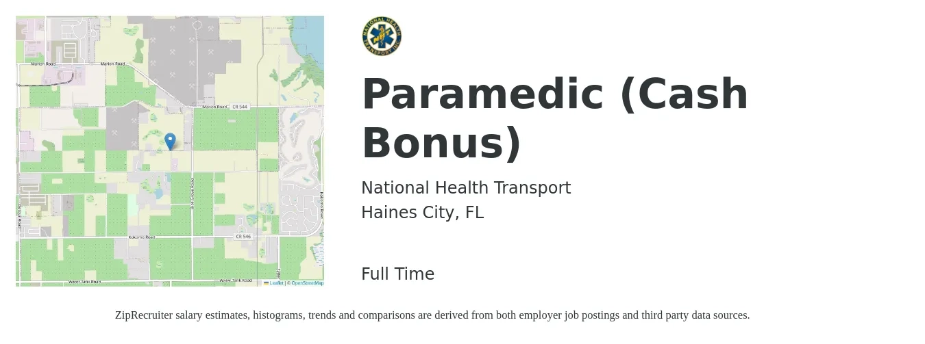 National Health Transport job posting for a Paramedic (Cash Bonus) in Haines City, FL with a salary of $1,000 Weekly with a map of Haines City location.