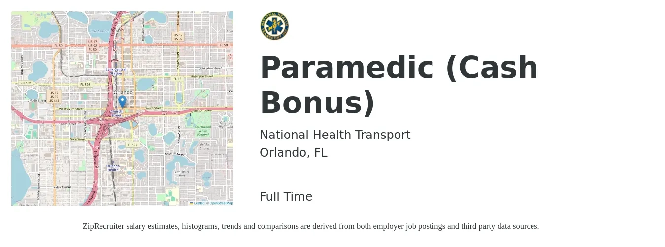National Health Transport job posting for a Paramedic (Cash Bonus) in Orlando, FL with a salary of $20 to $28 Hourly with a map of Orlando location.
