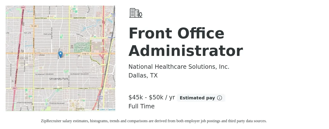National Healthcare Solutions, Inc. job posting for a Front Office Administrator in Dallas, TX with a salary of $45,000 to $50,000 Yearly with a map of Dallas location.