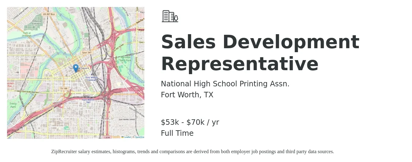 National High School Printing Assn. job posting for a Sales Development Representative in Fort Worth, TX with a salary of $53,500 to $70,000 Yearly with a map of Fort Worth location.
