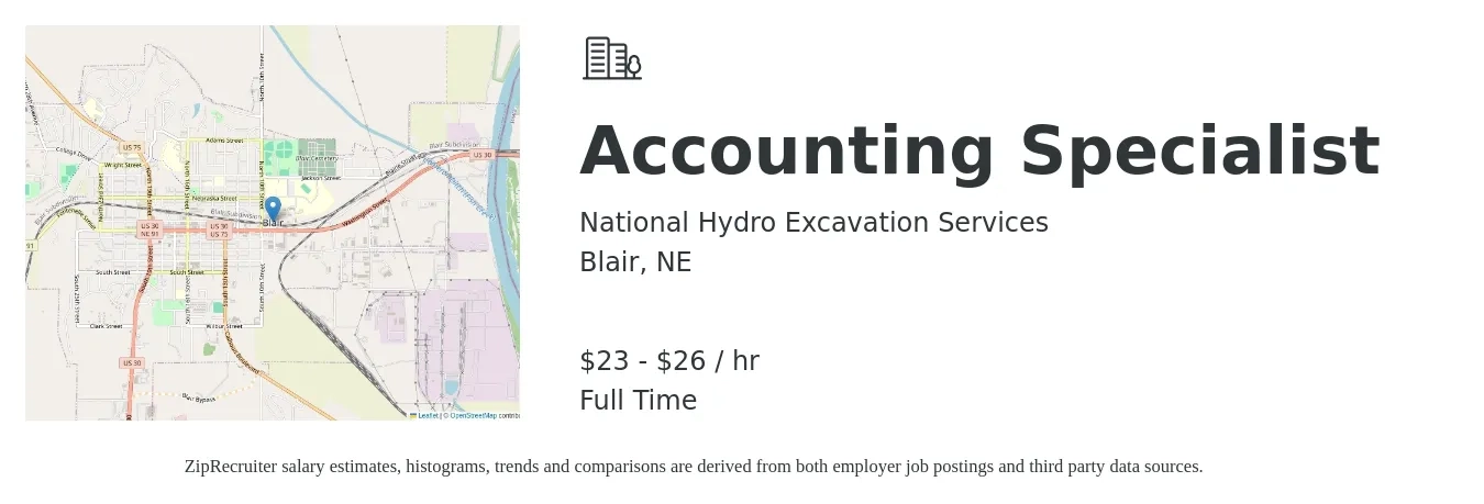 National Hydro Excavation Services job posting for a Accounting Specialist in Blair, NE with a salary of $24 to $28 Hourly with a map of Blair location.