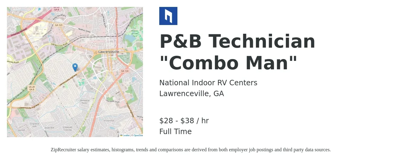 National Indoor RV Centers job posting for a P&B Technician "Combo Man" in Lawrenceville, GA with a salary of $30 to $40 Hourly with a map of Lawrenceville location.