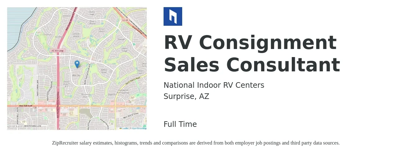 National Indoor RV Centers job posting for a RV Consignment Sales Consultant in Surprise, AZ with a salary of $16 to $29 Hourly with a map of Surprise location.