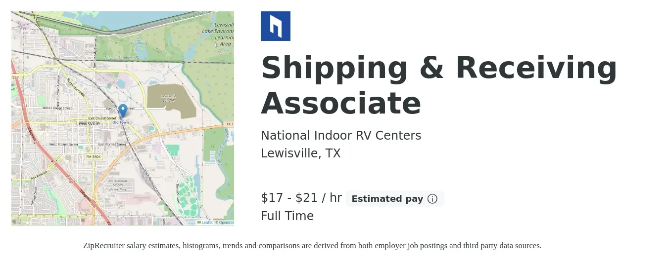 National Indoor RV Centers job posting for a Shipping & Receiving Associate in Lewisville, TX with a salary of $16 to $18 Hourly with a map of Lewisville location.