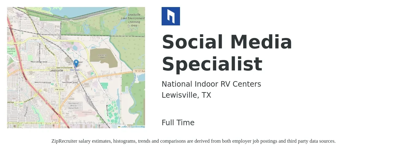 National Indoor RV Centers job posting for a Social Media Specialist in Lewisville, TX with a salary of $39,200 to $57,900 Yearly with a map of Lewisville location.