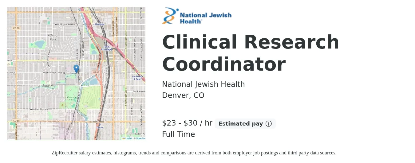 National Jewish Health job posting for a Clinical Research Coordinator in Denver, CO with a salary of $24 to $32 Hourly with a map of Denver location.