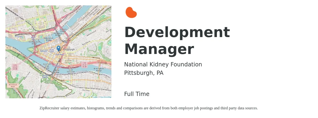 National Kidney Foundation job posting for a Development Manager in Pittsburgh, PA with a salary of $56,800 to $87,900 Yearly with a map of Pittsburgh location.