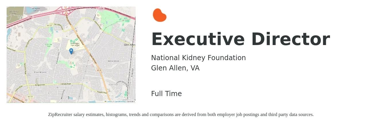 National Kidney Foundation job posting for a Executive Director in Glen Allen, VA with a salary of $62,800 to $116,300 Yearly with a map of Glen Allen location.