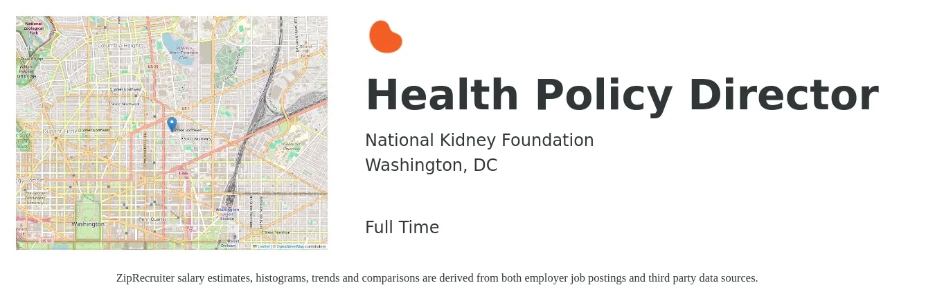 National Kidney Foundation job posting for a Health Policy Director in Washington, DC with a map of Washington location.