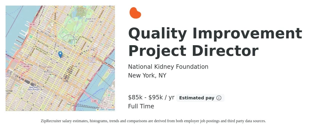 National Kidney Foundation job posting for a Quality Improvement Project Director in New York, NY with a salary of $85,000 to $95,000 Yearly with a map of New York location.