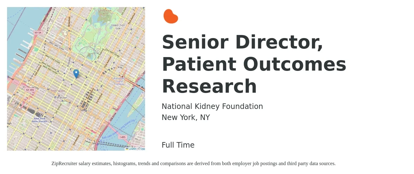 National Kidney Foundation job posting for a Senior Director, Patient Outcomes Research in New York, NY with a salary of $63,600 to $206,700 Yearly with a map of New York location.