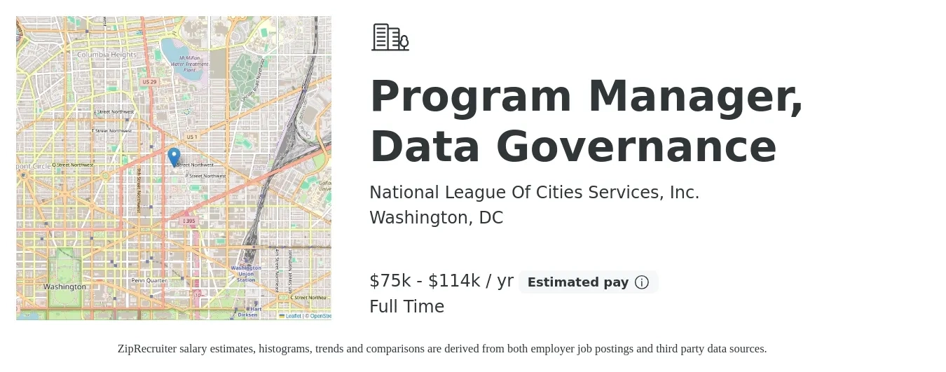National League Of Cities Services, Inc. job posting for a Program Manager Data Governance in Washington, DC with a salary of $71,333 to $114,500 Yearly with a map of Washington location.