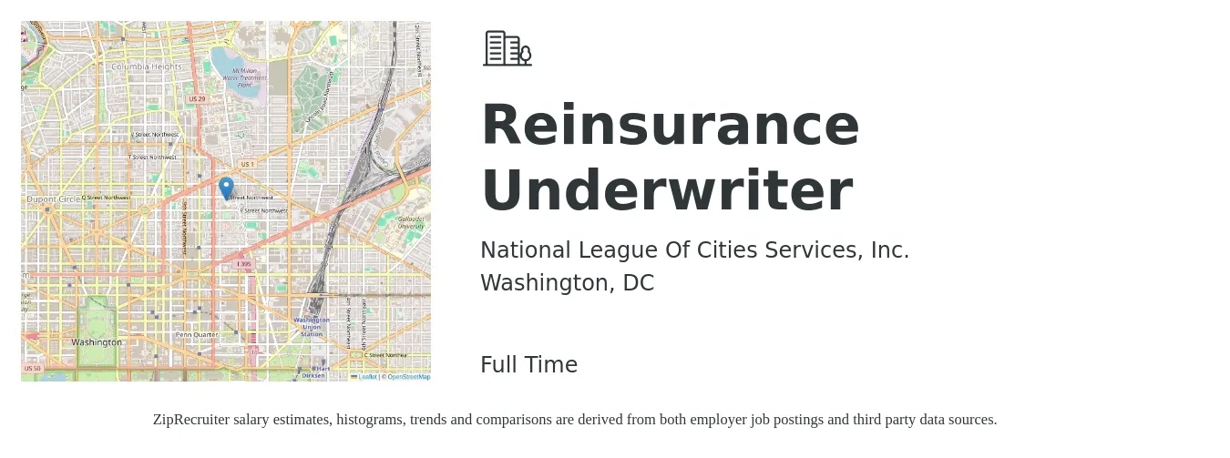 National League Of Cities Services, Inc. job posting for a Reinsurance Underwriter in Washington, DC with a salary of $68,800 to $98,200 Yearly with a map of Washington location.