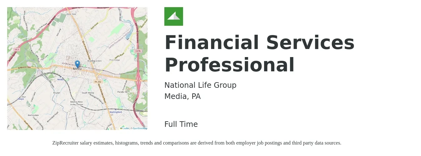 National Life Group job posting for a Financial Services Professional in Media, PA with a salary of $79,600 to $110,500 Yearly with a map of Media location.