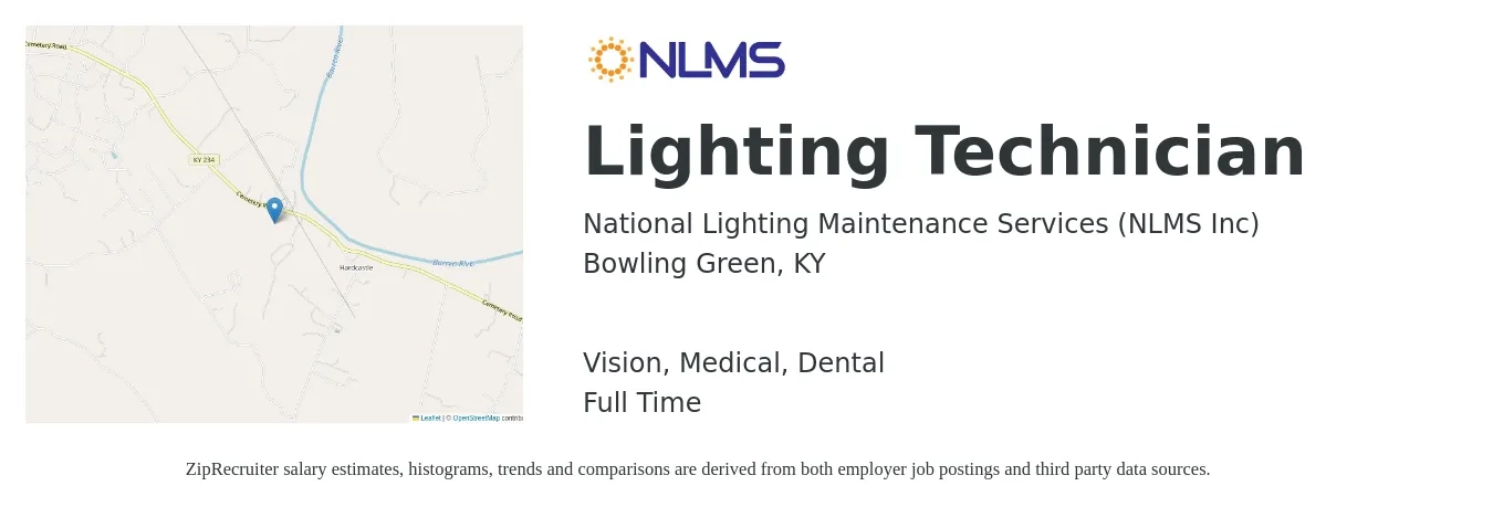 National Lighting Maintenance Services (NLMS Inc) job posting for a Lighting Technician in Bowling Green, KY with a salary of $18 to $25 Hourly and benefits including life_insurance, medical, vision, and dental with a map of Bowling Green location.