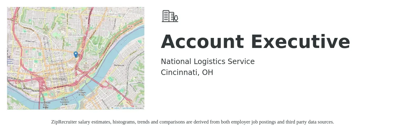 National Logistics Service job posting for a Account Executive in Cincinnati, OH with a salary of $51,900 to $91,200 Yearly with a map of Cincinnati location.