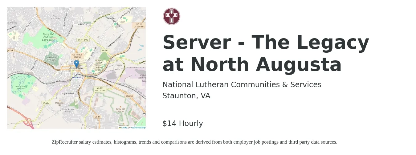 National Lutheran Communities & Services job posting for a Server - The Legacy at North Augusta in Staunton, VA with a salary of $15 Hourly with a map of Staunton location.