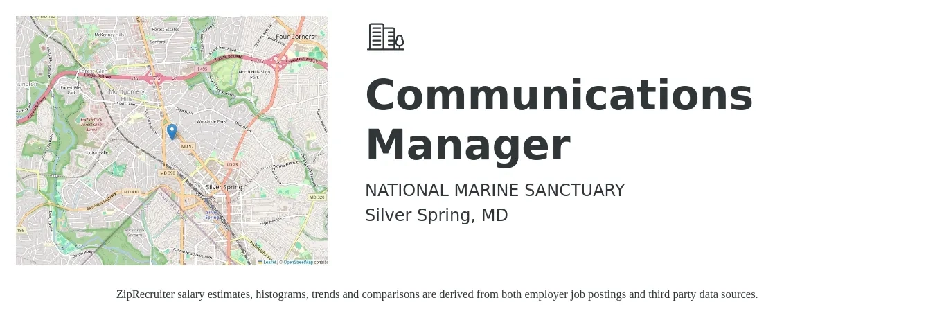 NATIONAL MARINE SANCTUARY job posting for a Communications Manager in Silver Spring, MD with a salary of $68,200 to $100,800 Yearly with a map of Silver Spring location.