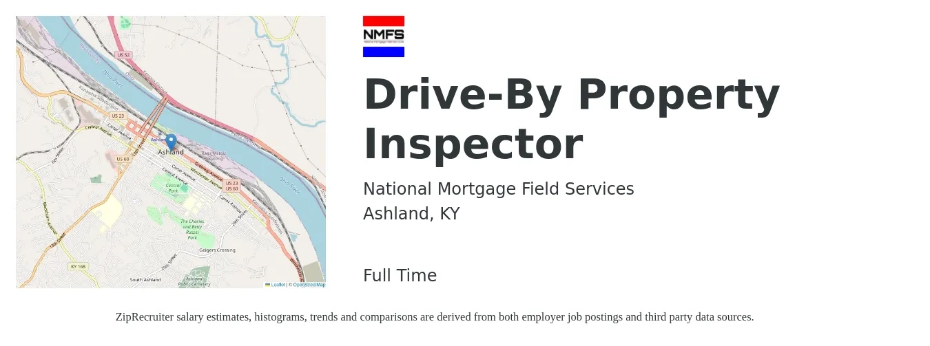 National Mortgage Field Services job posting for a Drive-By Property Inspector in Ashland, KY with a salary of $34,200 to $50,500 Yearly with a map of Ashland location.