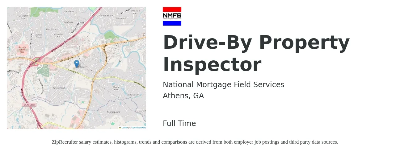 National Mortgage Field Services job posting for a Drive-By Property Inspector in Athens, GA with a salary of $32,600 to $48,100 Yearly with a map of Athens location.
