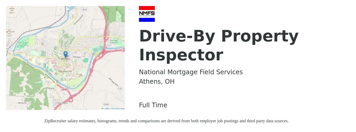 National Mortgage Field Services job posting for a Drive-By Property Inspector in Athens, OH with a salary of $30,800 to $45,500 Yearly with a map of Athens location.