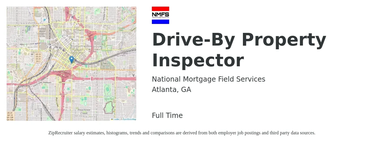 National Mortgage Field Services job posting for a Drive-By Property Inspector in Atlanta, GA with a salary of $37,500 to $55,300 Yearly with a map of Atlanta location.