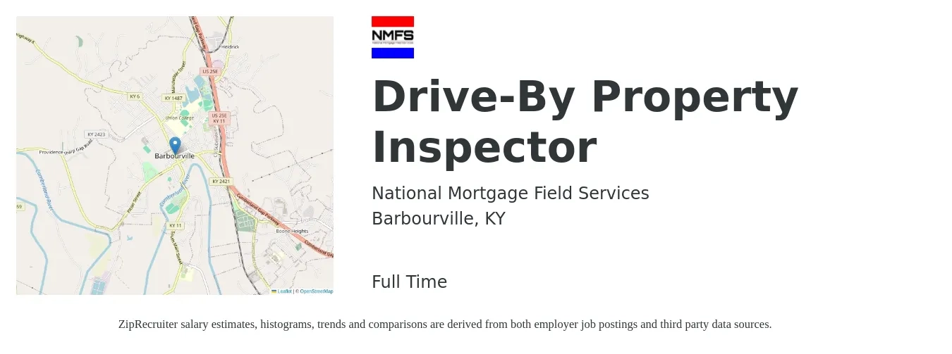 National Mortgage Field Services job posting for a Drive-By Property Inspector in Barbourville, KY with a salary of $32,000 to $47,200 Yearly with a map of Barbourville location.