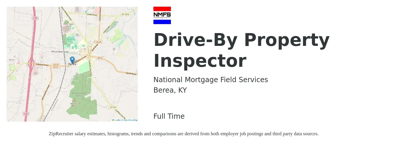 National Mortgage Field Services job posting for a Drive-By Property Inspector in Berea, KY with a salary of $32,600 to $48,000 Yearly with a map of Berea location.