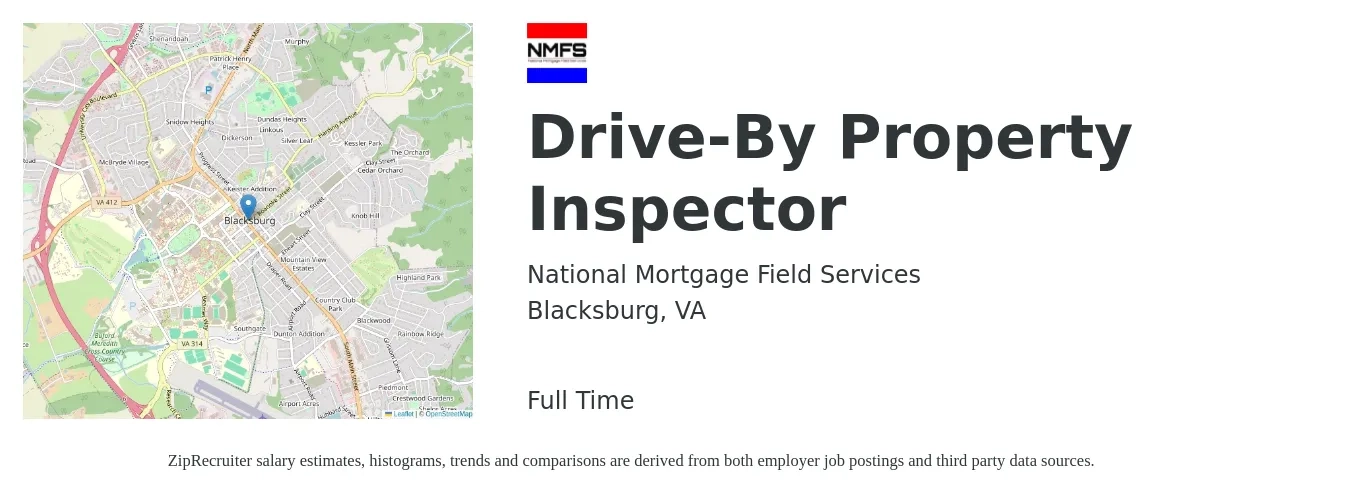 National Mortgage Field Services job posting for a Drive-By Property Inspector in Blacksburg, VA with a salary of $33,400 to $49,200 Yearly with a map of Blacksburg location.