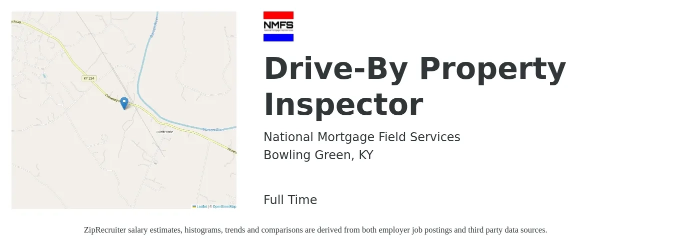 National Mortgage Field Services job posting for a Drive-By Property Inspector in Bowling Green, KY with a salary of $38,200 to $56,400 Yearly with a map of Bowling Green location.