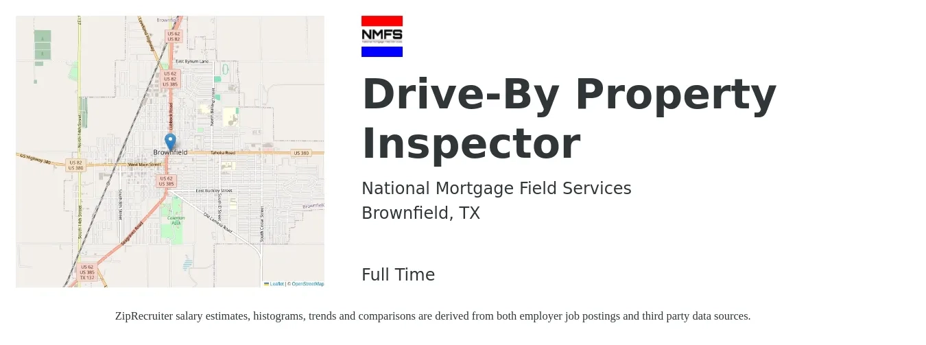 National Mortgage Field Services job posting for a Drive-By Property Inspector in Brownfield, TX with a salary of $36,700 to $54,100 Yearly with a map of Brownfield location.