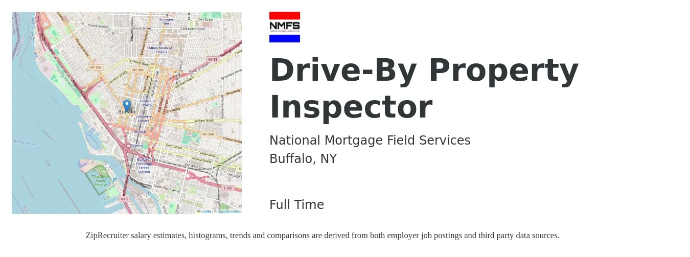 National Mortgage Field Services job posting for a Drive-By Property Inspector in Buffalo, NY with a salary of $37,800 to $55,700 Yearly with a map of Buffalo location.
