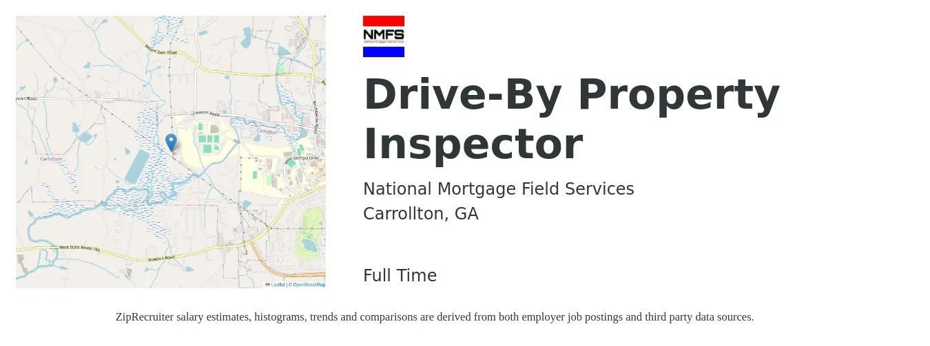 National Mortgage Field Services job posting for a Drive-By Property Inspector in Carrollton, GA with a salary of $32,200 to $47,500 Yearly with a map of Carrollton location.
