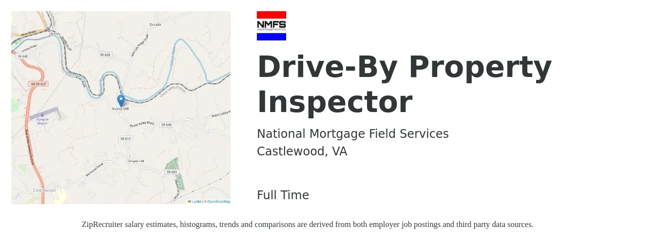 National Mortgage Field Services job posting for a Drive-By Property Inspector in Castlewood, VA with a salary of $36,200 to $53,400 Yearly with a map of Castlewood location.