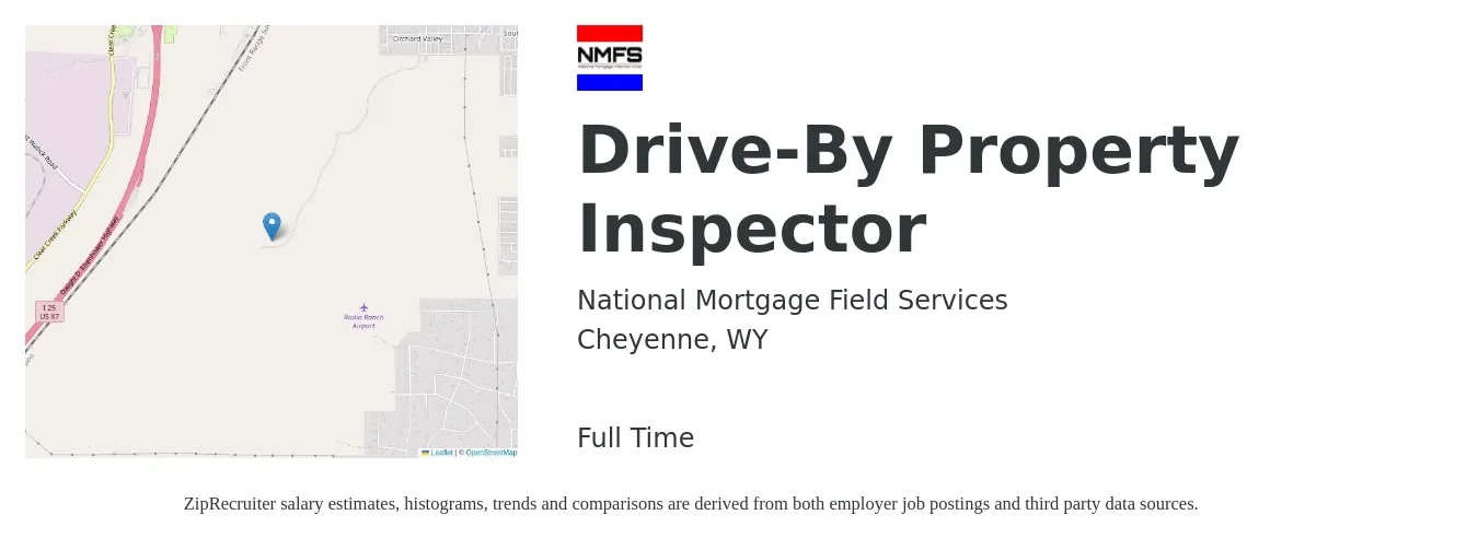 National Mortgage Field Services job posting for a Drive-By Property Inspector in Cheyenne, WY with a salary of $36,300 to $53,500 Yearly with a map of Cheyenne location.