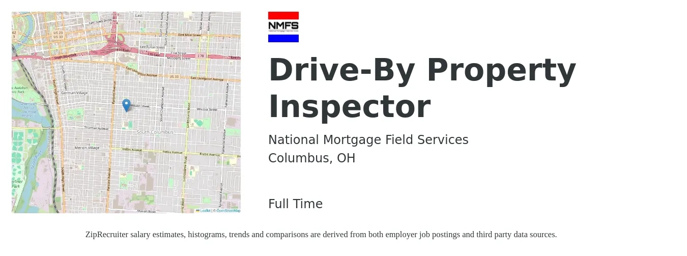 National Mortgage Field Services job posting for a Drive-By Property Inspector in Columbus, OH with a salary of $37,700 to $55,500 Yearly with a map of Columbus location.