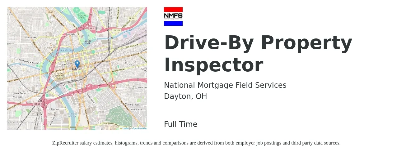 National Mortgage Field Services job posting for a Drive-By Property Inspector in Dayton, OH with a salary of $37,900 to $55,900 Yearly with a map of Dayton location.