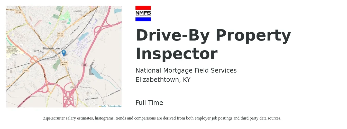 National Mortgage Field Services job posting for a Drive-By Property Inspector in Elizabethtown, KY with a salary of $35,800 to $52,800 Yearly with a map of Elizabethtown location.