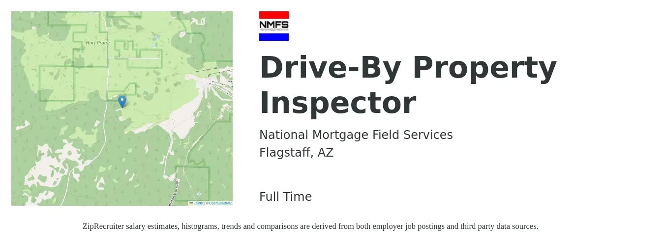 National Mortgage Field Services job posting for a Drive-By Property Inspector in Flagstaff, AZ with a salary of $35,400 to $52,200 Yearly with a map of Flagstaff location.
