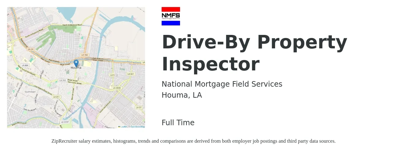National Mortgage Field Services job posting for a Drive-By Property Inspector in Houma, LA with a salary of $37,700 to $55,600 Yearly with a map of Houma location.
