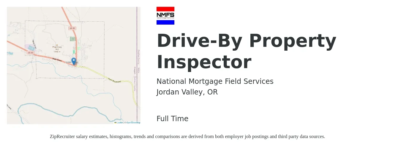 National Mortgage Field Services job posting for a Drive-By Property Inspector in Jordan Valley, OR with a salary of $37,500 to $55,200 Yearly with a map of Jordan Valley location.